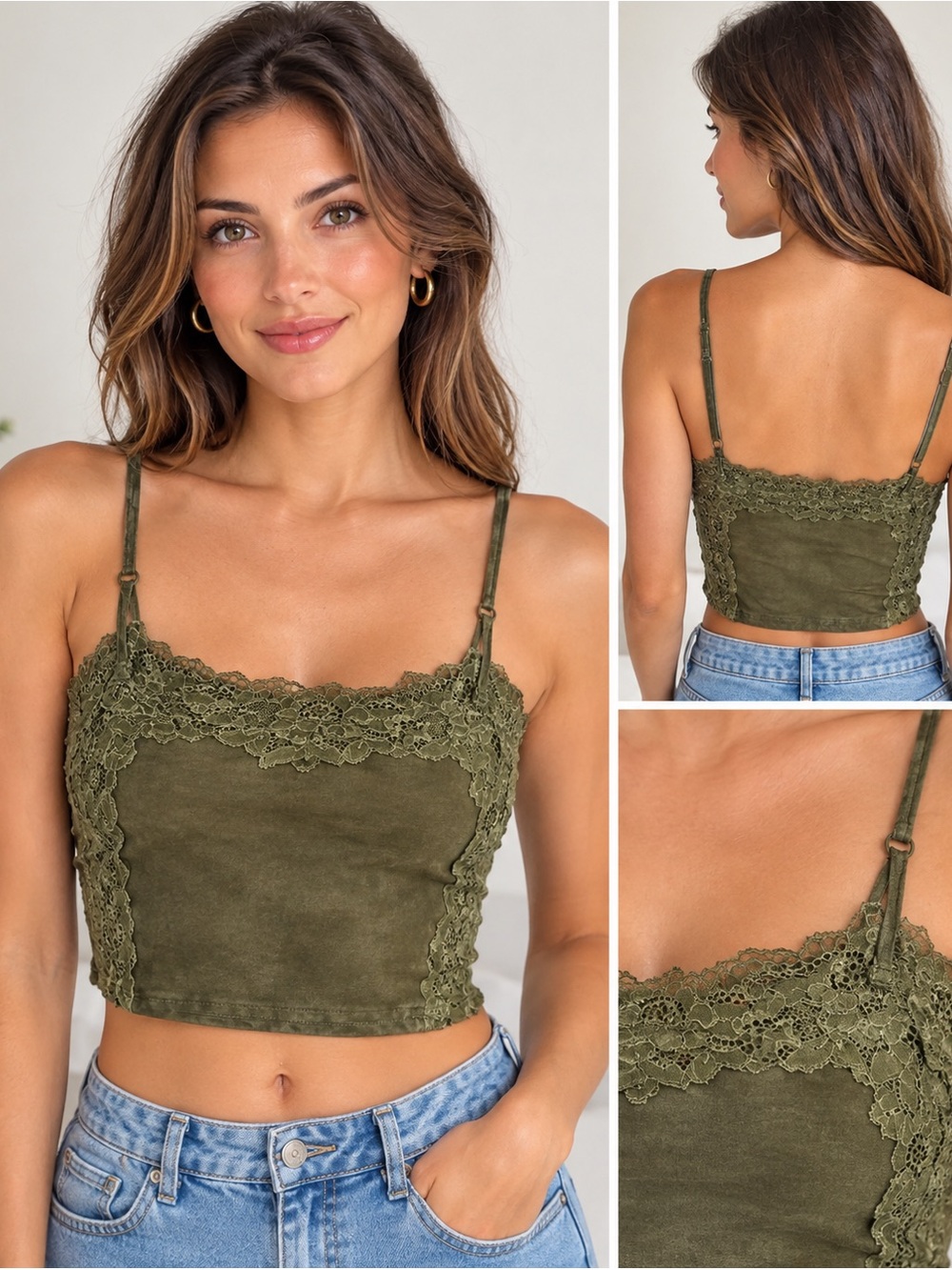 Olive Lace-Trim Satin Camisole